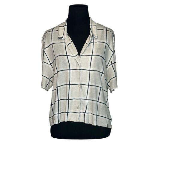 Urban Outfitters cream black plaid button short sleeves shirt size Large - Picture 12 of 13